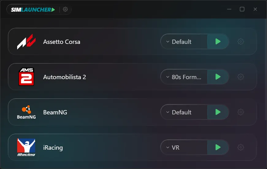 SimLauncher dashboard showing sim racing launch profiles