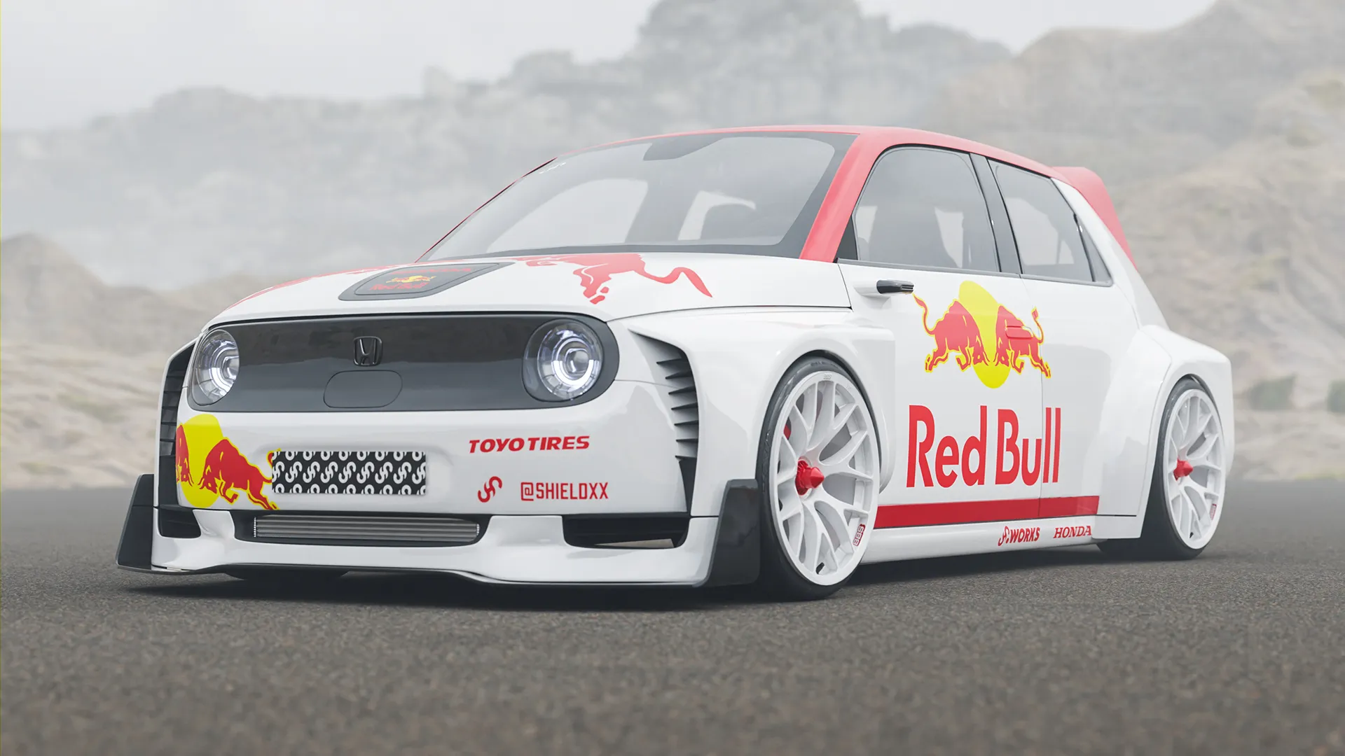 Honda E in Red Bull Racing livery, three-quarter render