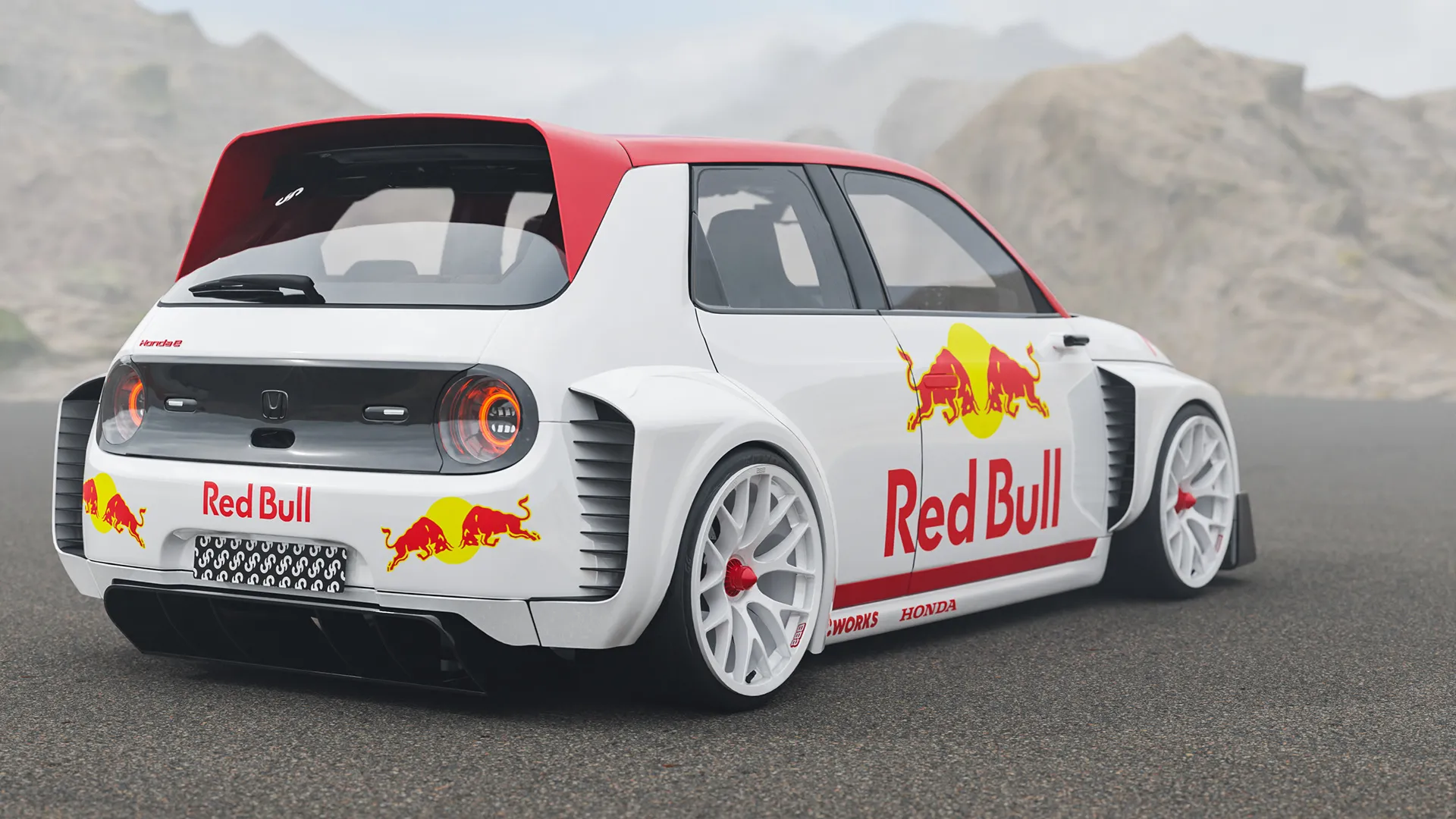 Honda E in Red Bull Racing livery, side profile