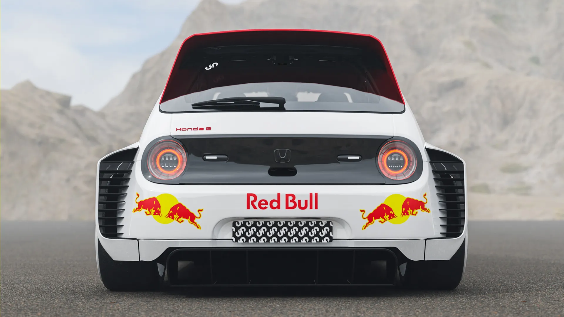Honda E in Red Bull Racing livery, rear angle