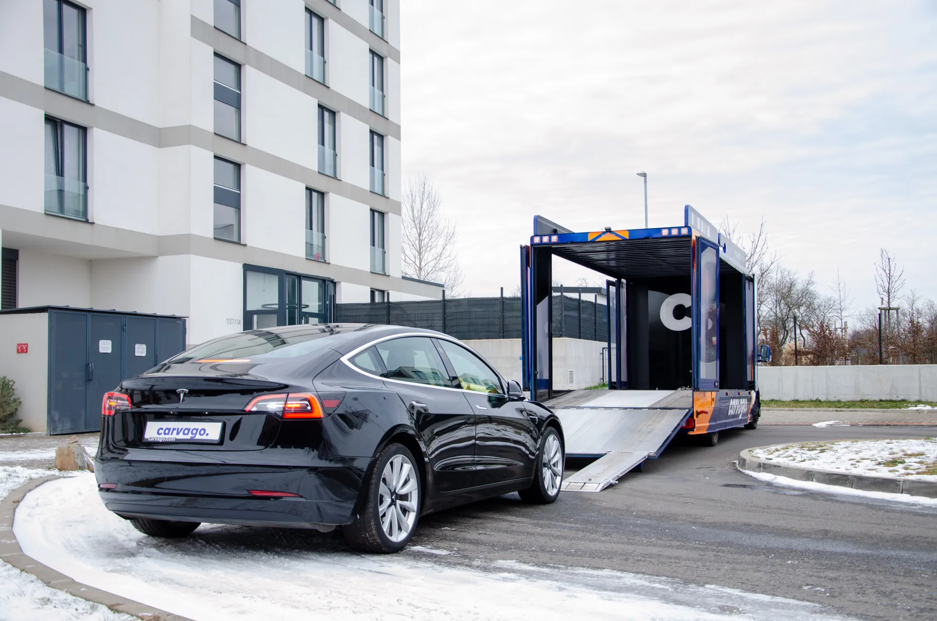 Rear view of a black Tesla Model 3 loaded on a Carvago transporter truck with a logo box, parked on a snow-covered street under overcast winter skies